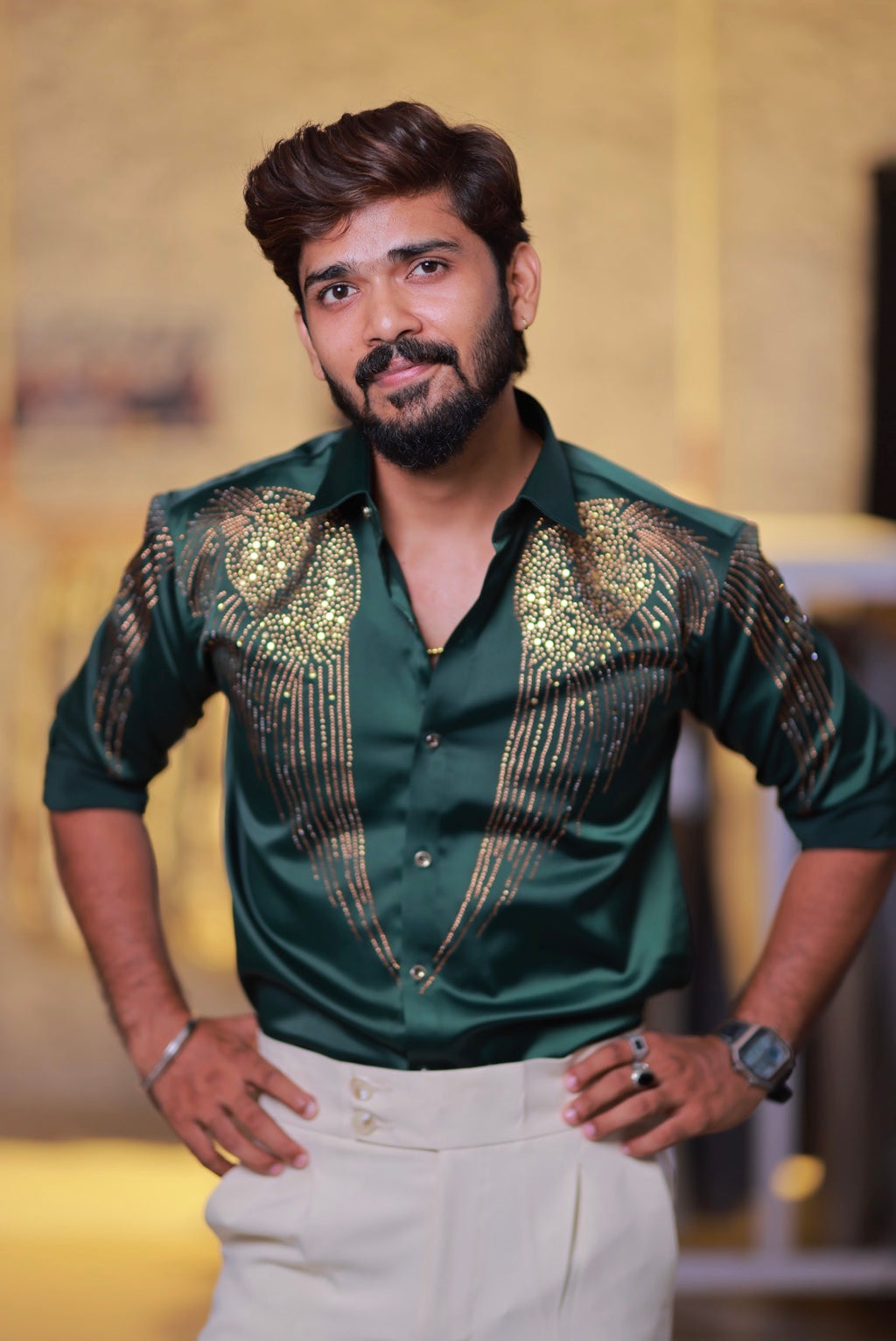 Green Wings Stone Party-Wear Shirt
