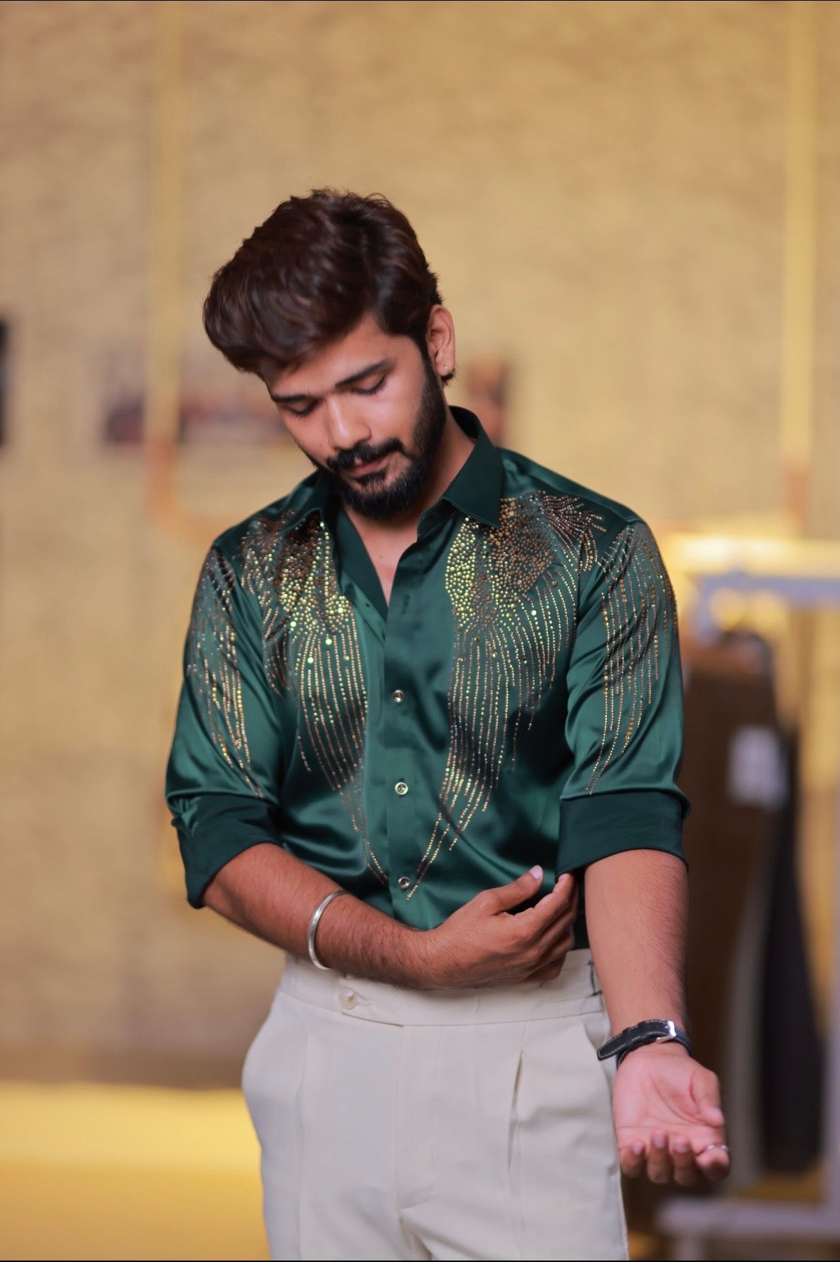 Green Wings Stone Party-Wear Shirt