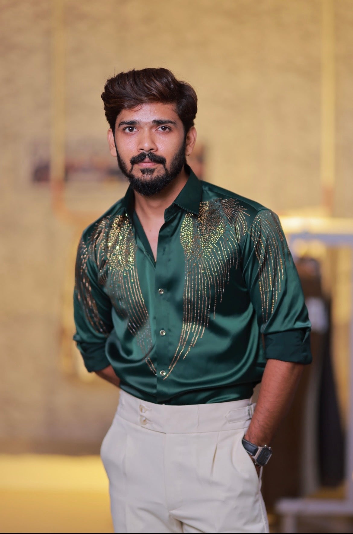 Green Wings Stone Party-Wear Shirt
