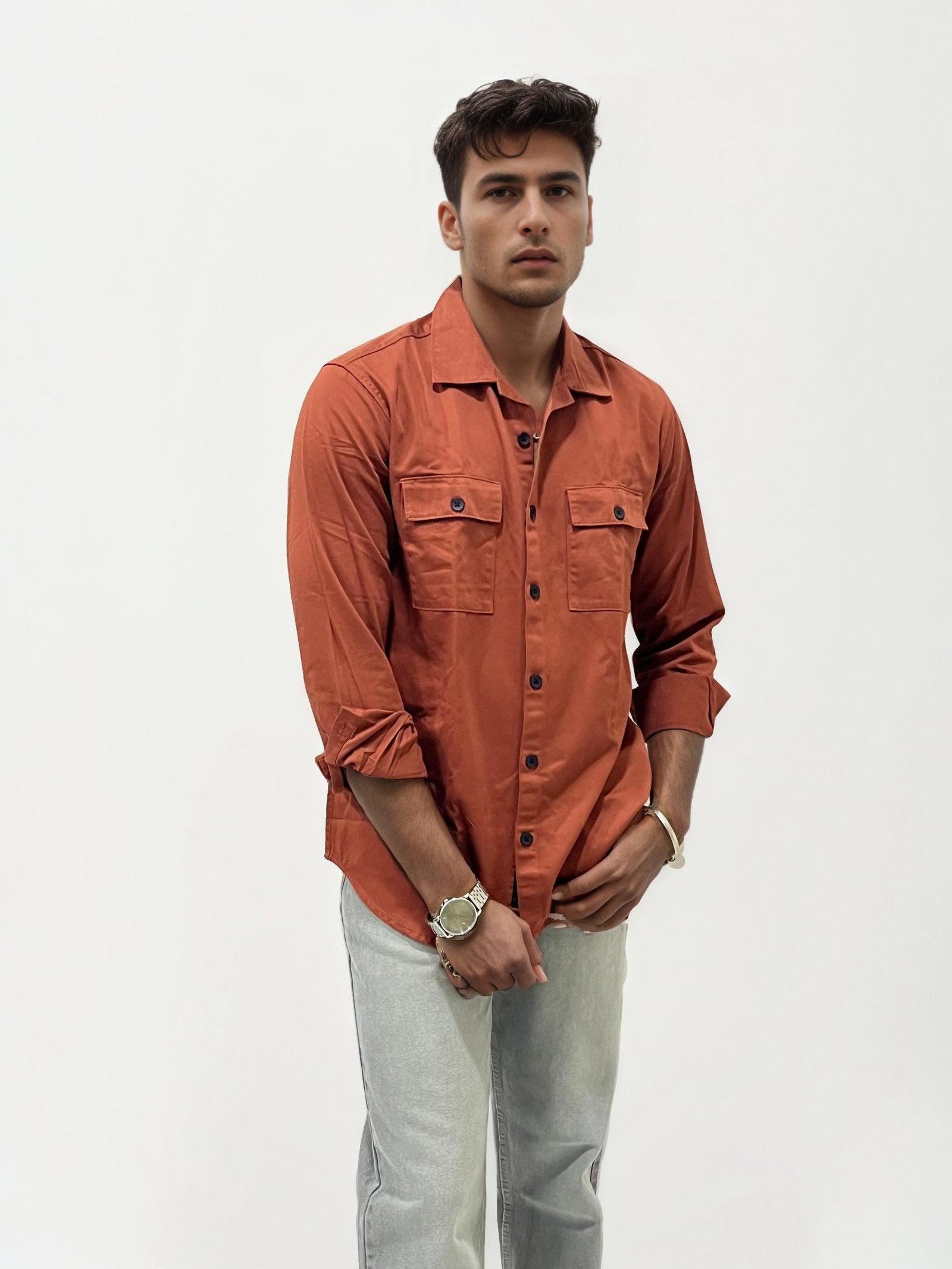 Orange Double Pocket Plain Shirt