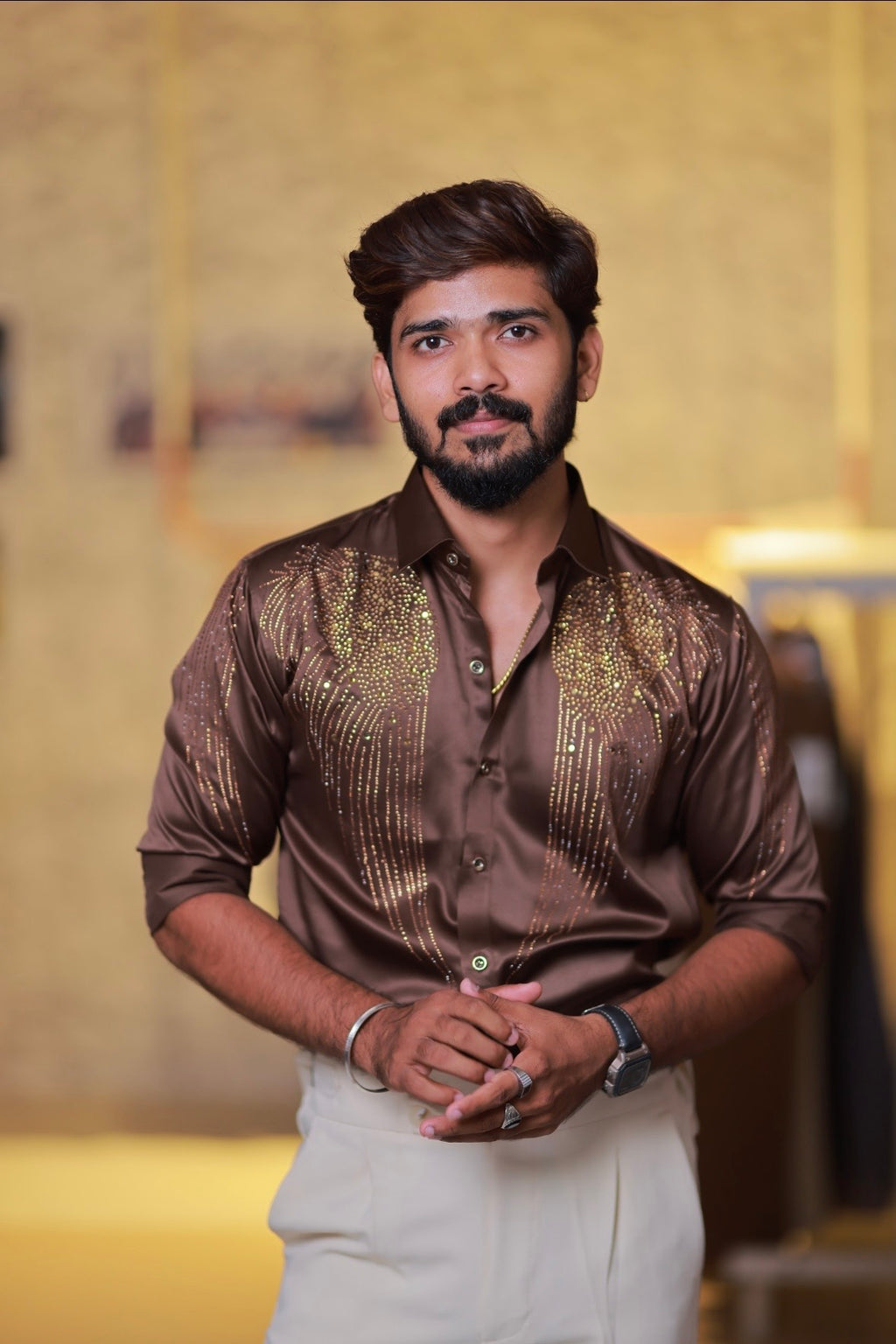 Brown Wings Stone Party-Wear Shirt