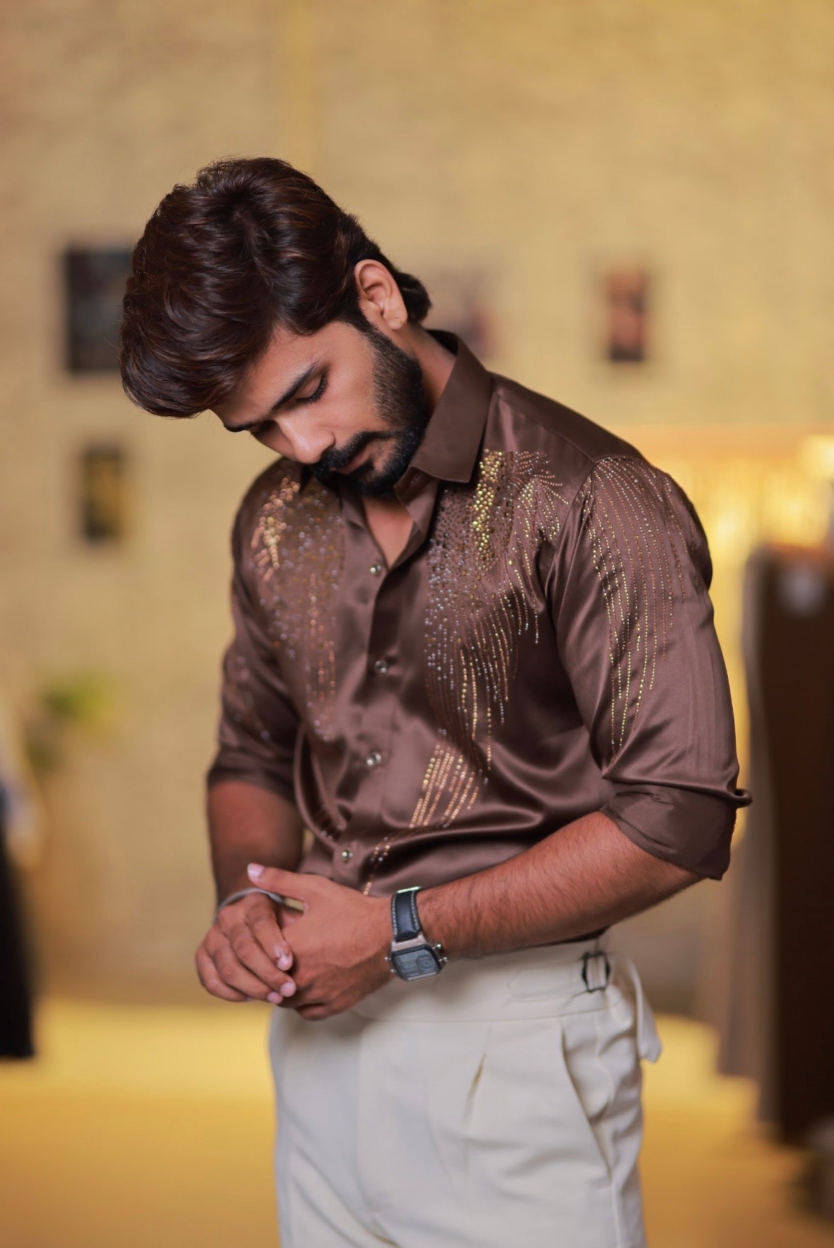Brown Wings Stone Party-Wear Shirt