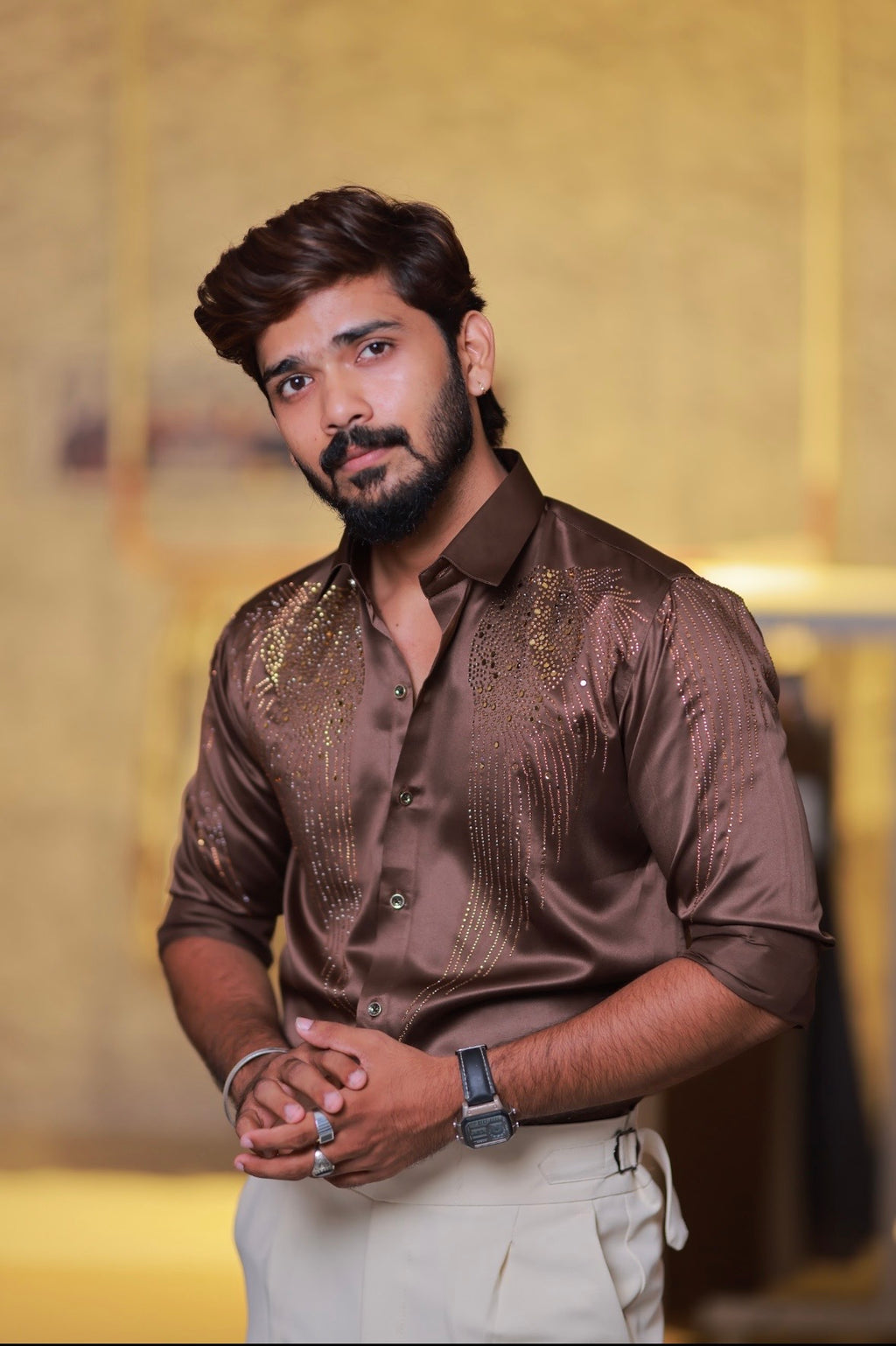 Brown Wings Stone Party-Wear Shirt