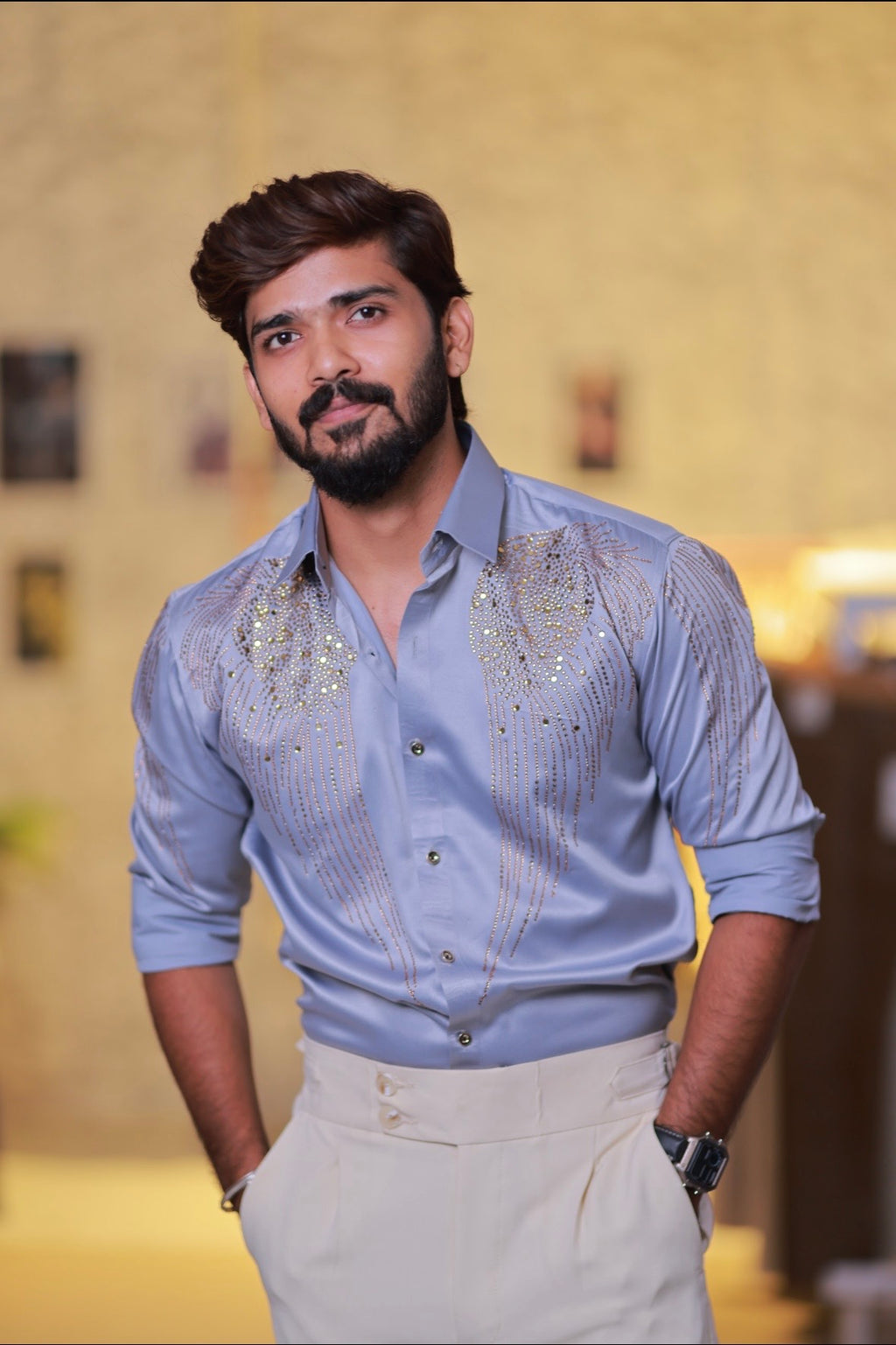 Ice-Blue Wings Stone Party-Wear Shirt