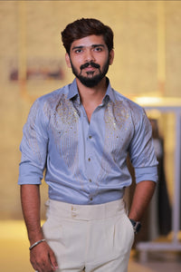 Ice-Blue Wings Stone Party-Wear Shirt