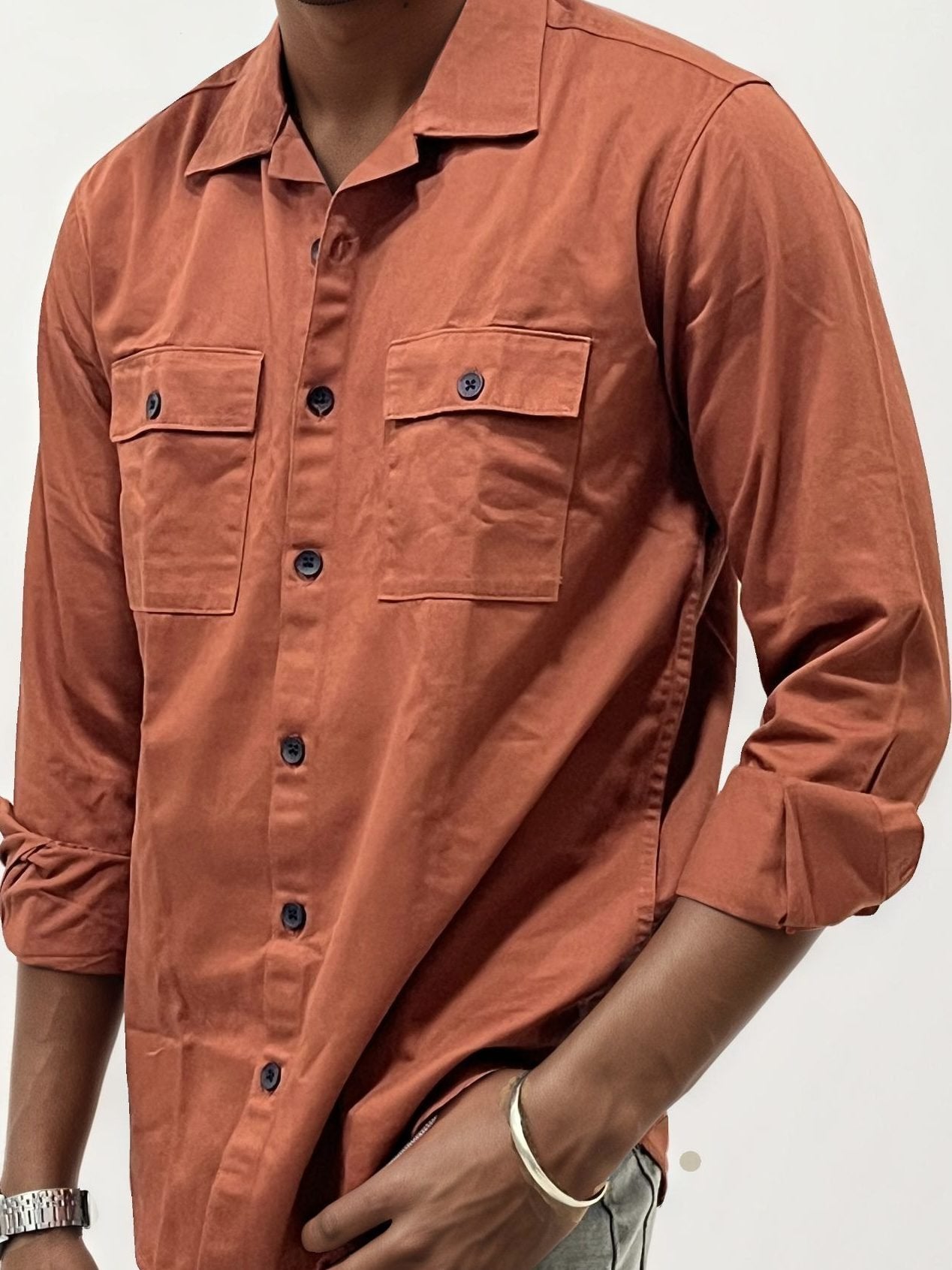 Orange Double Pocket Plain Shirt