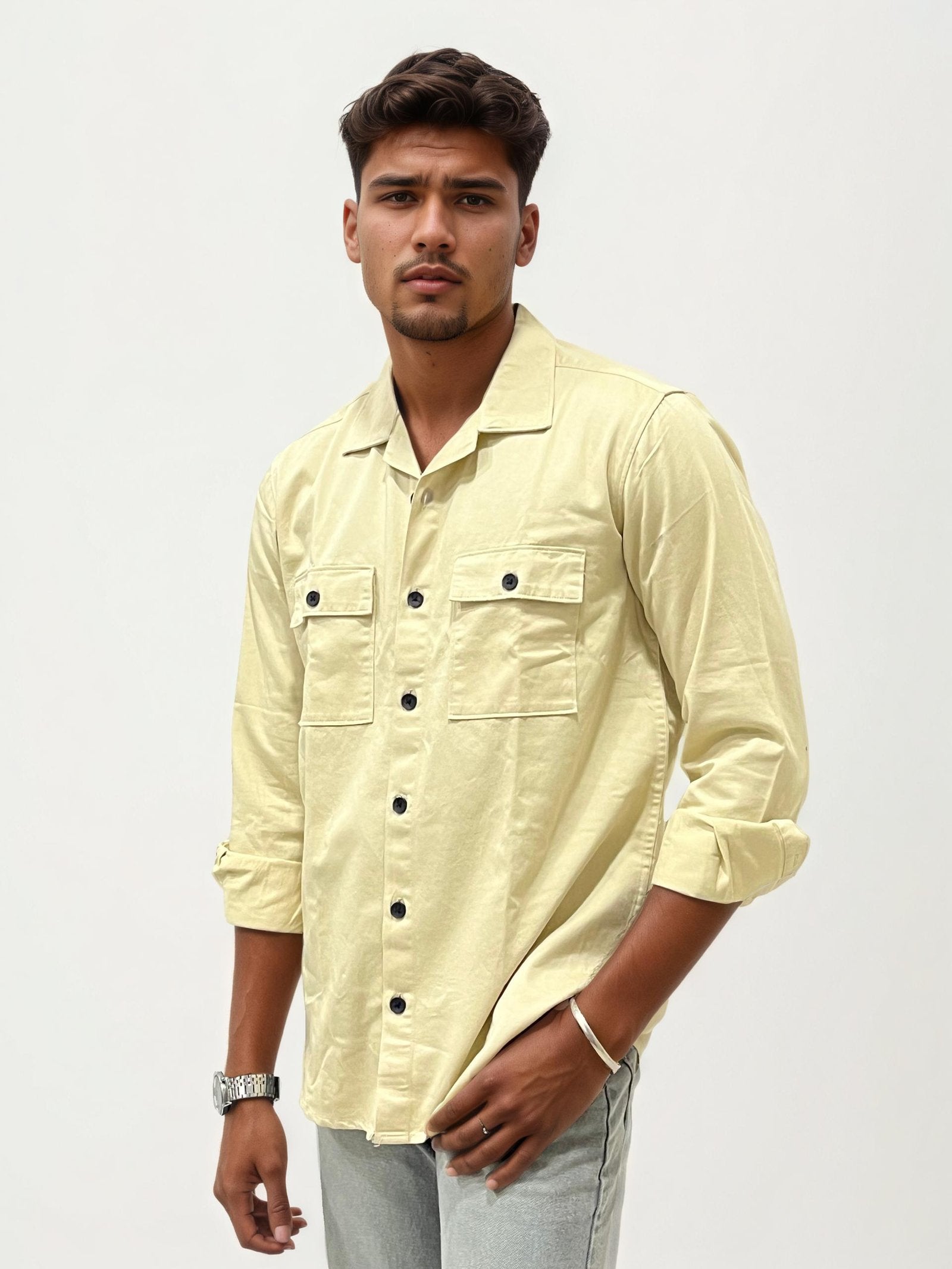 Beige Double Pocket Plain Shirt