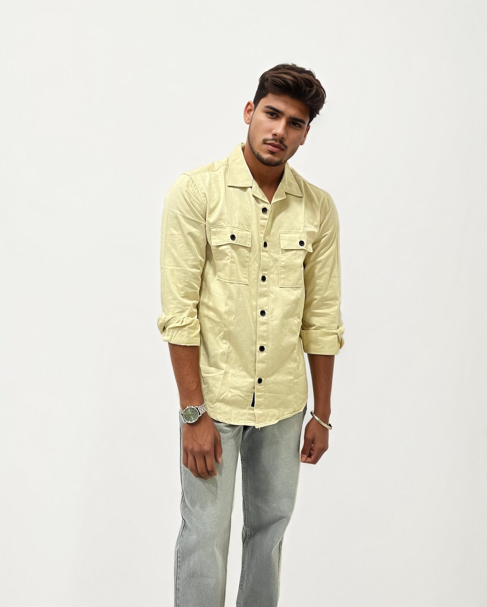 Beige Double Pocket Plain Shirt