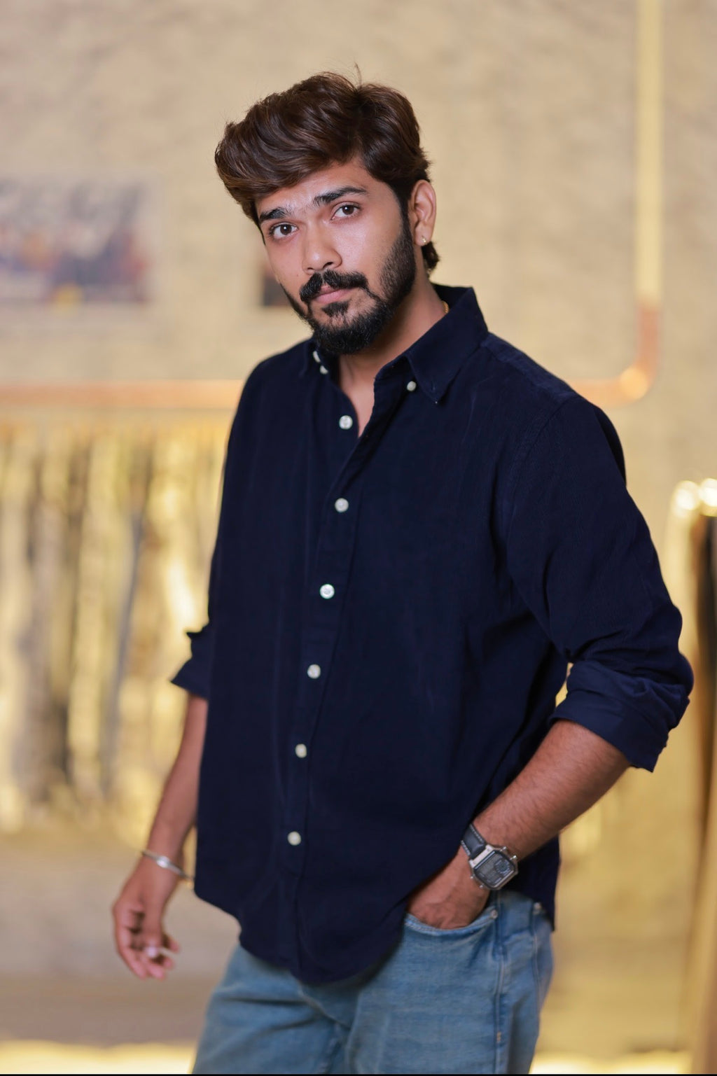 Navy-Blue Baby Corduroy Full-Hand Shirt