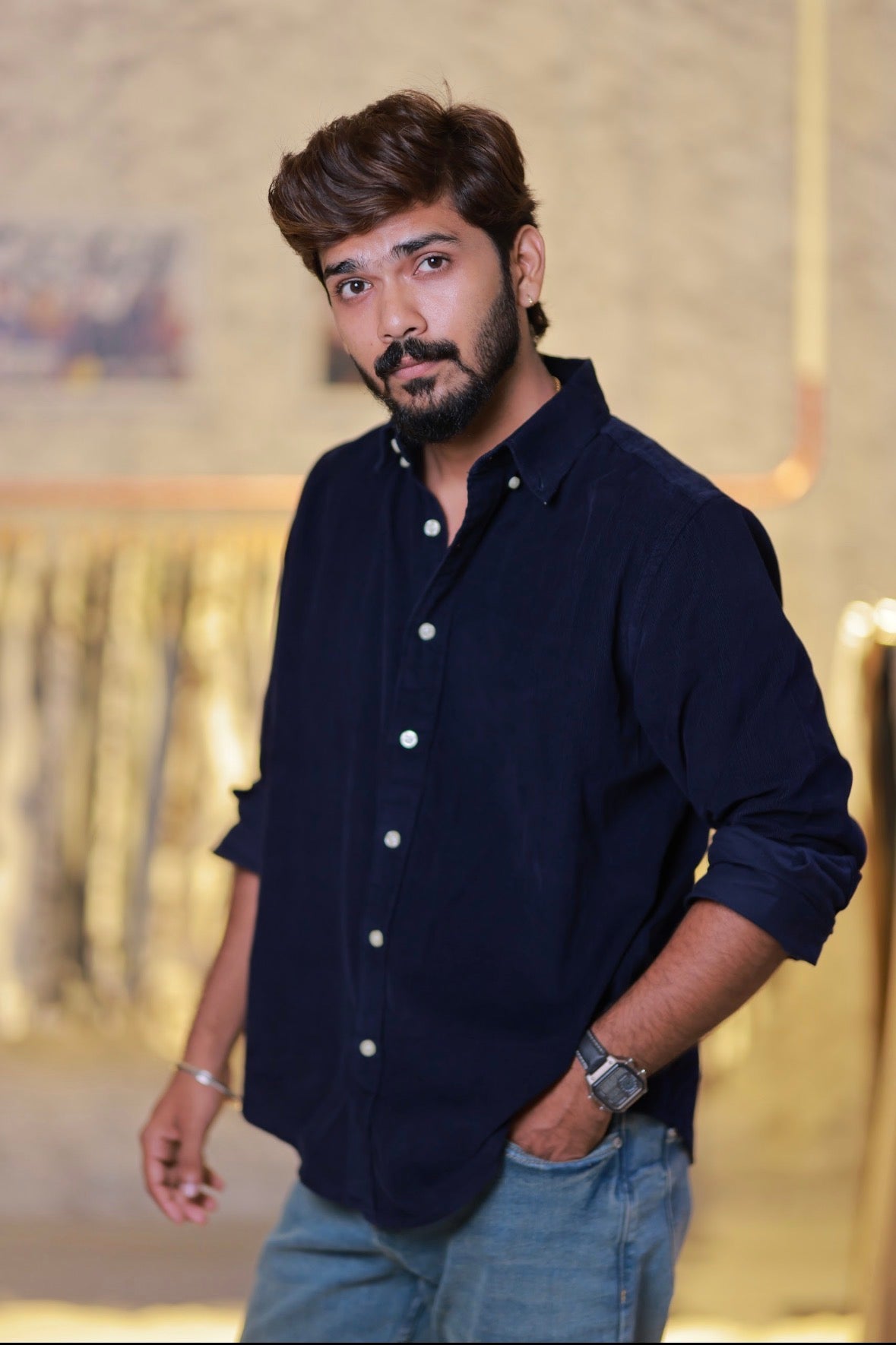 Navy-Blue Baby Corduroy Full-Hand Shirt