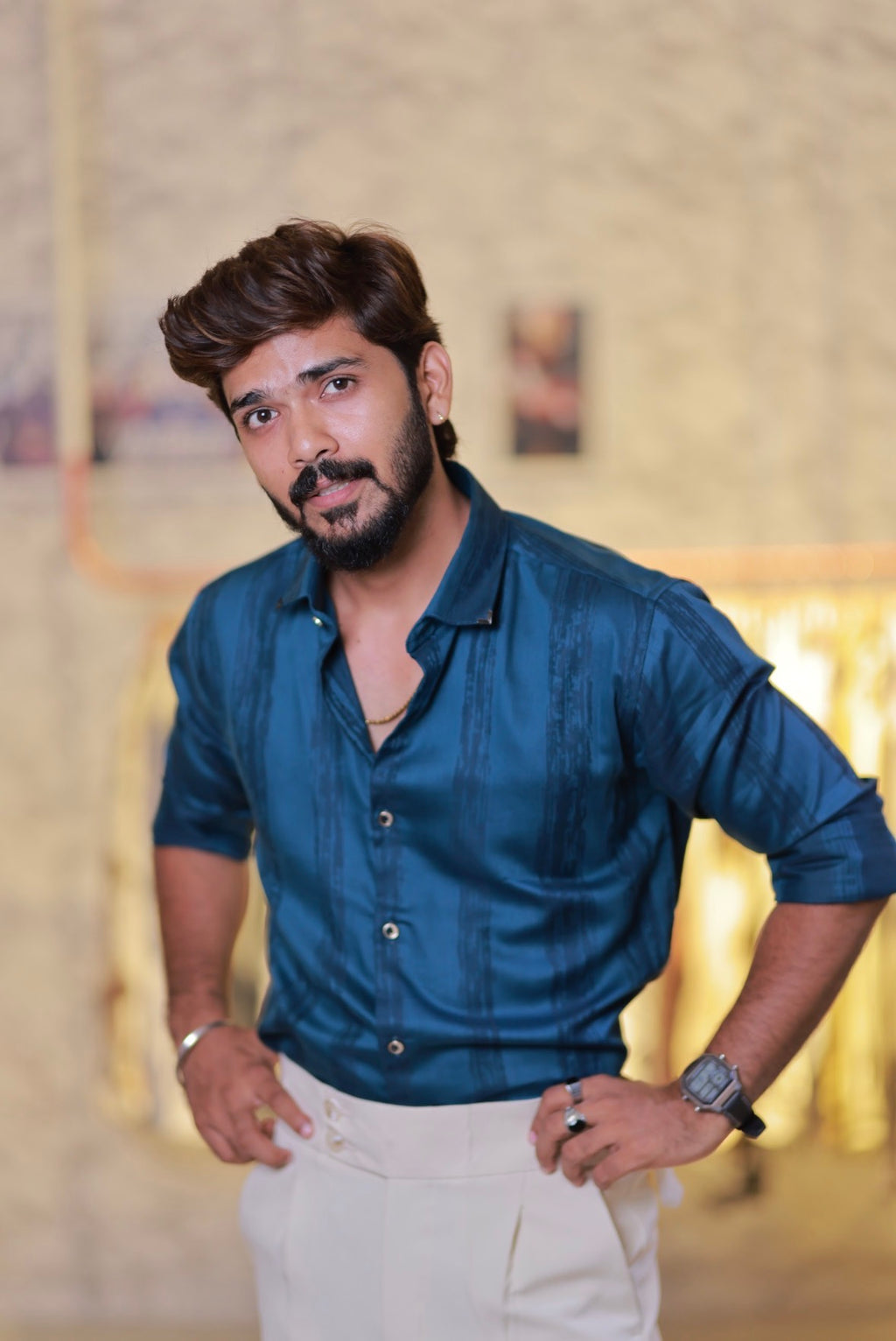 Blue Slef-designed Striped Shirt