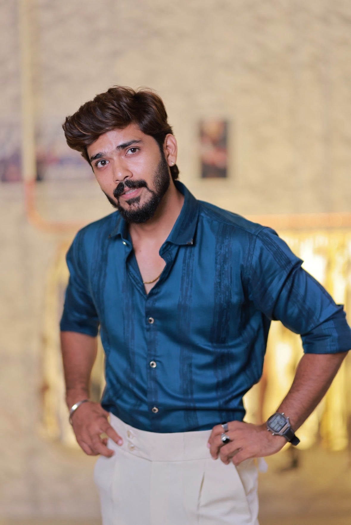 Blue Slef-designed Striped Shirt