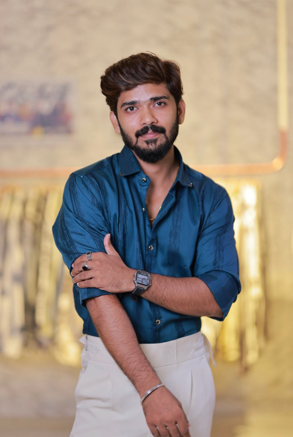 Blue Slef-designed Striped Shirt