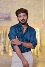 Blue Slef-designed Striped Shirt