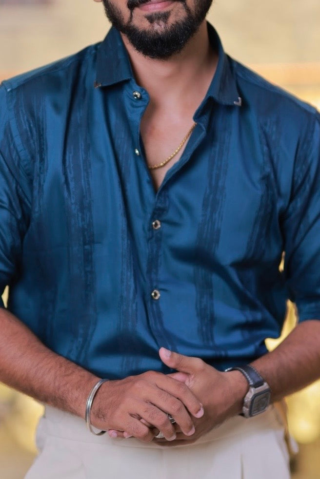 Blue Slef-designed Striped Shirt