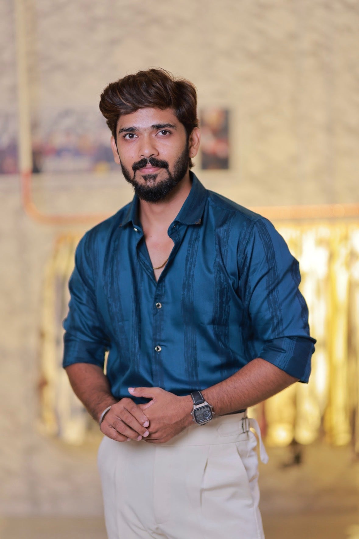Blue Slef-designed Striped Shirt