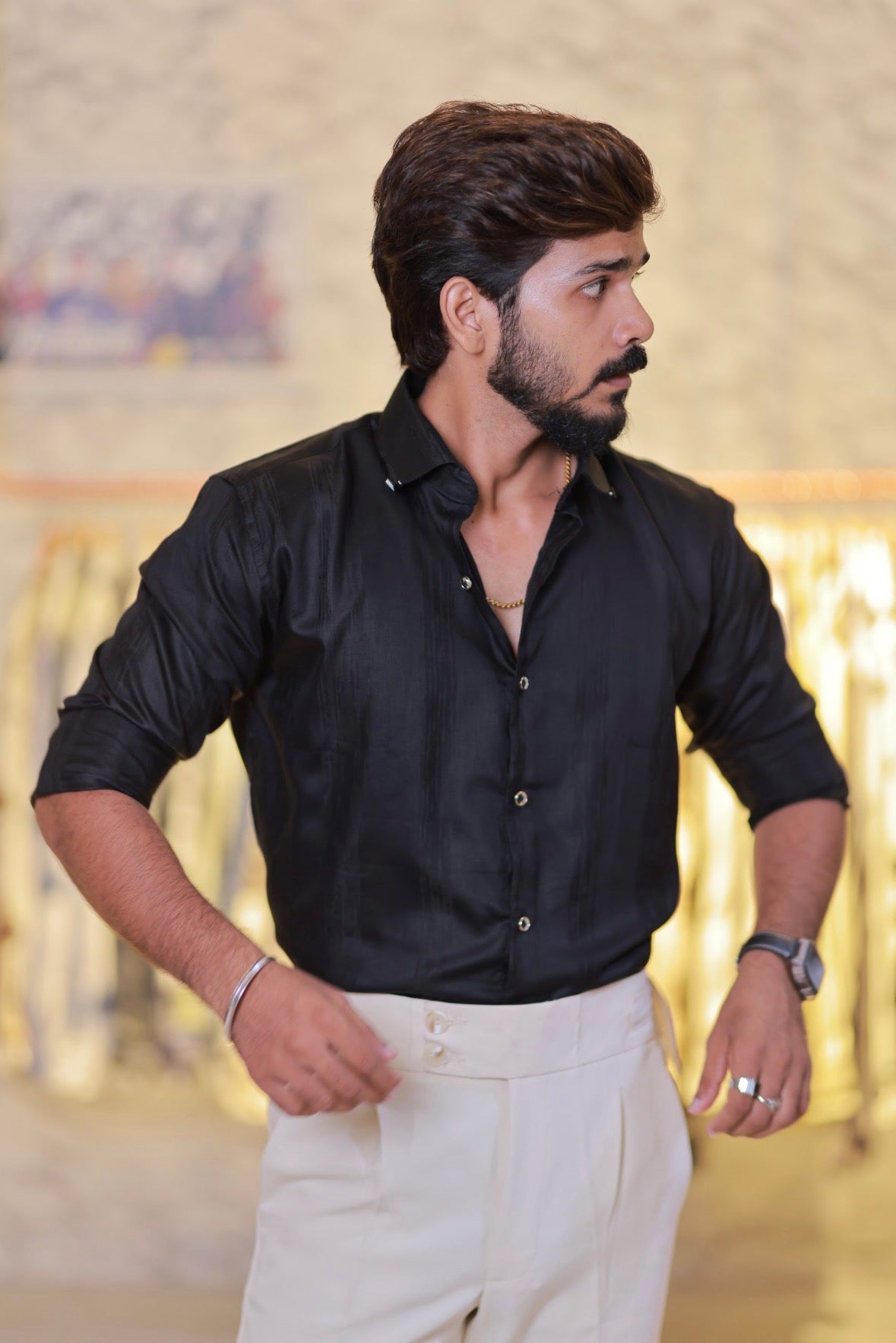 Black Imported Self-Designed Striped Shirt