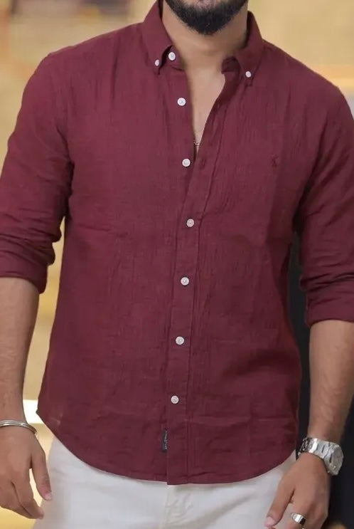 Reddish-Wine Linen Full-Hand Shirt