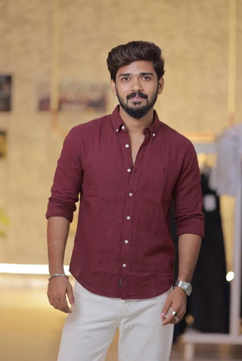 Reddish-Wine Linen Full-Hand Shirt