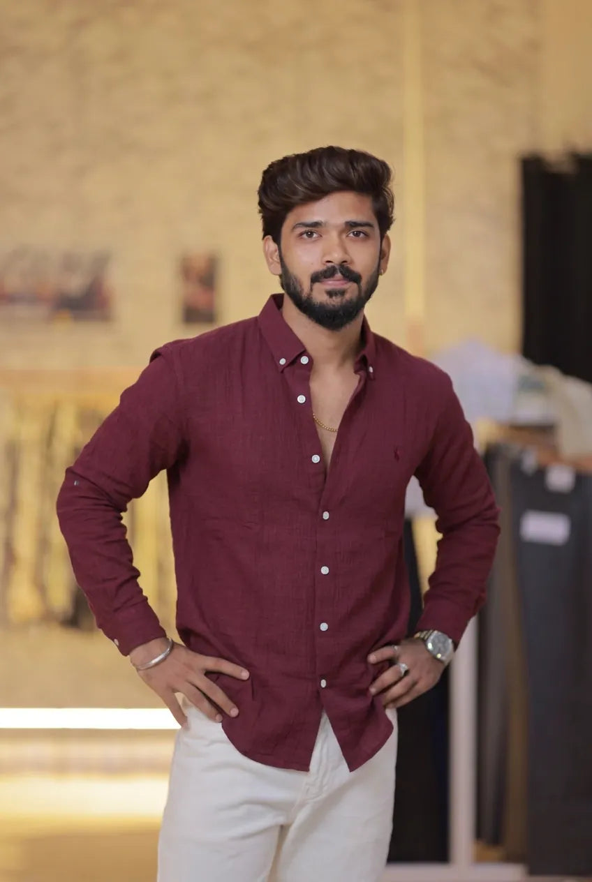 Reddish-Wine Linen Full-Hand Shirt