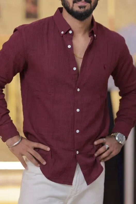 Reddish-Wine Linen Full-Hand Shirt
