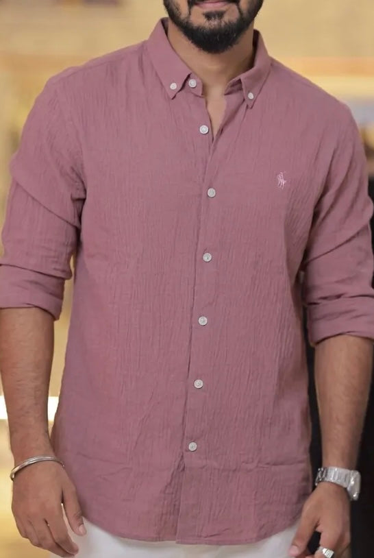 Onion-Pink Linen Full-Hand Shirt