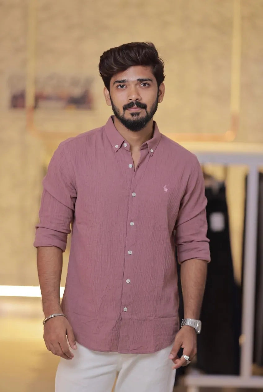 Onion-Pink Linen Full-Hand Shirt