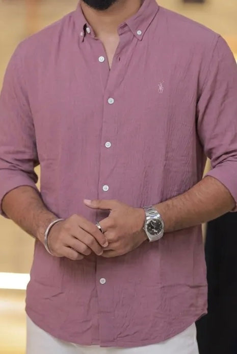 Onion-Pink Linen Full-Hand Shirt
