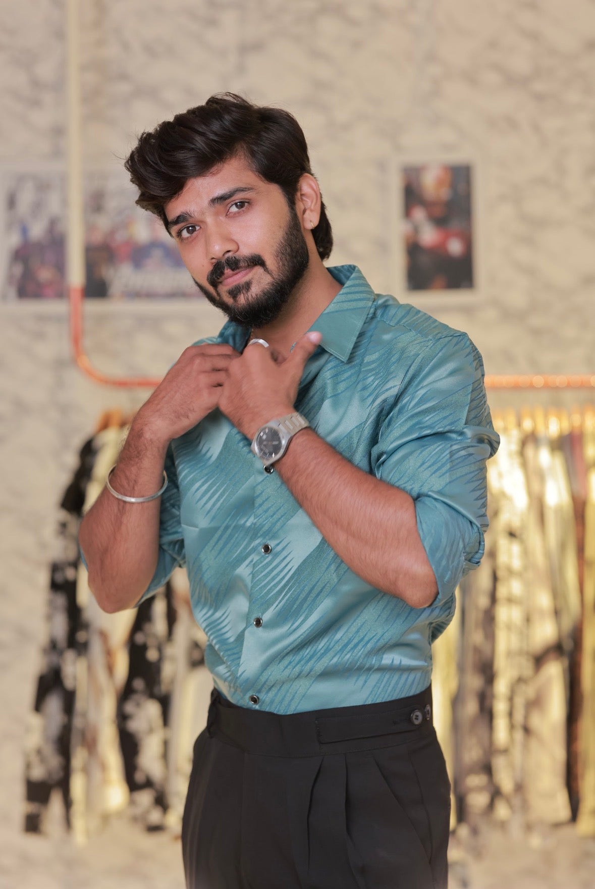 Cyan blue self-Designed Shirt
