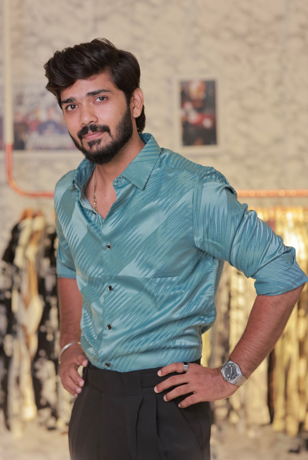Cyan blue self-Designed Shirt