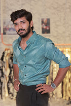 Cyan blue self-Designed Shirt