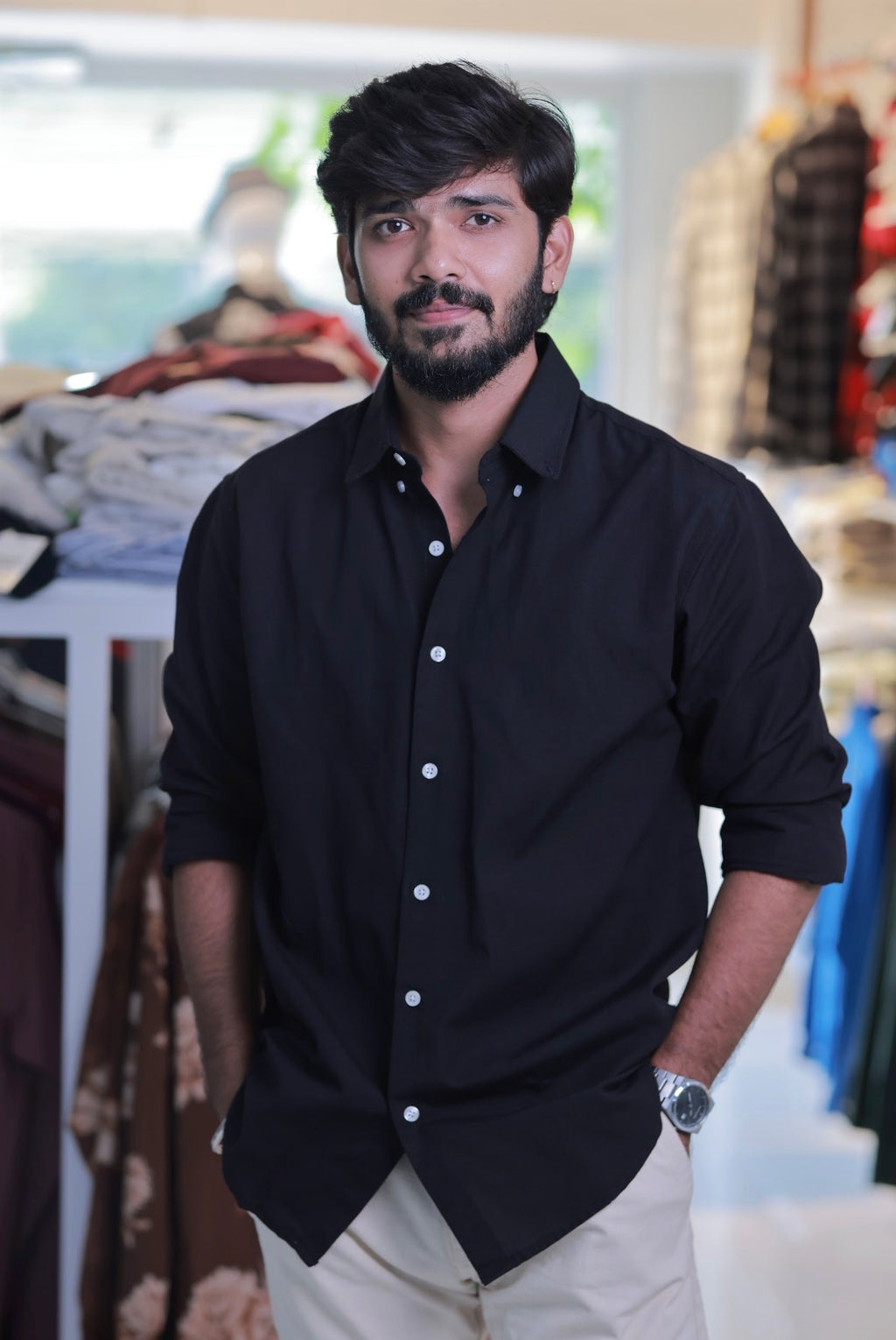 Black Cotton-Linen Full-Hand Shirt