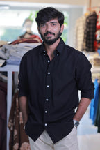 Black Cotton-Linen Full-Hand Shirt