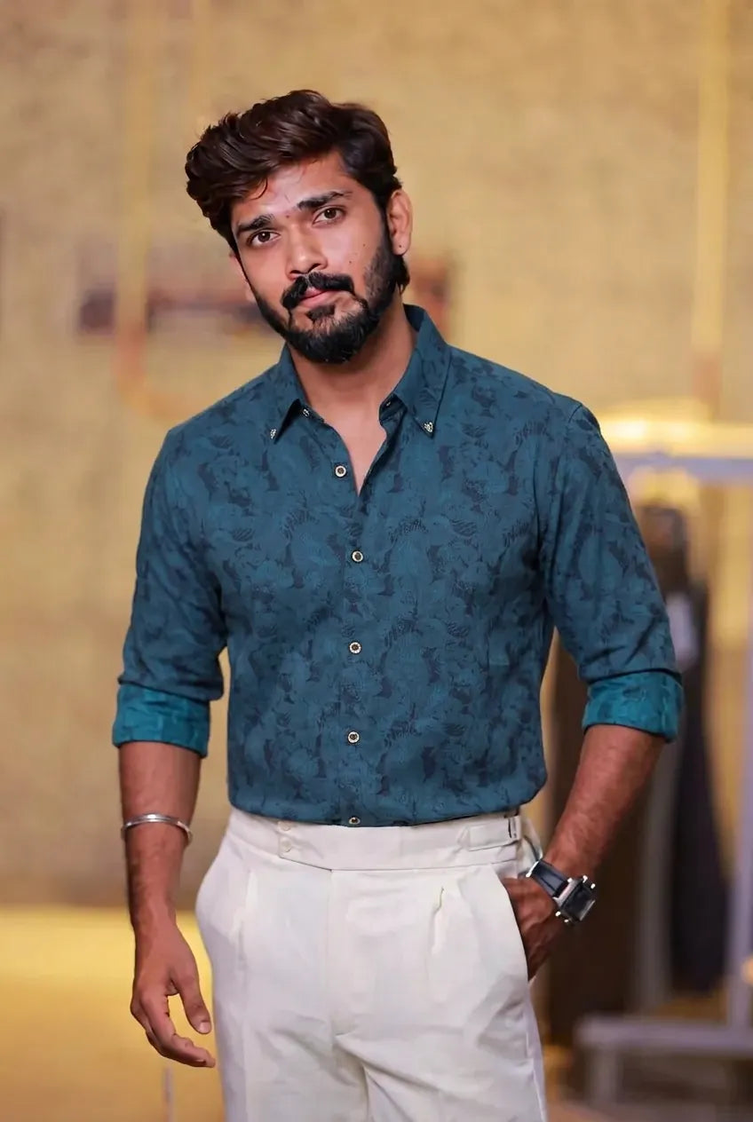 Teal-Green Self-Designed Party Wear Shirt