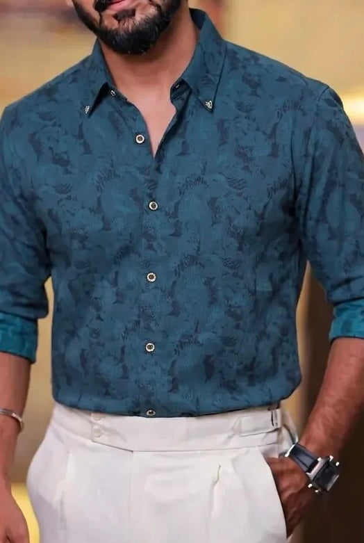 Teal-Green Self-Designed Party Wear Shirt