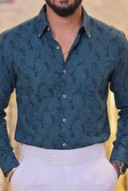 Teal-Green Self-Designed Party Wear Shirt