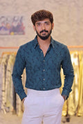 Teal-Green Self-Designed Party Wear Shirt