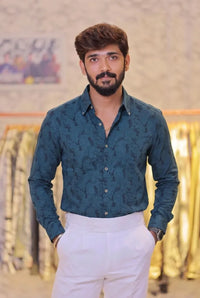 Teal-Green Self-Designed Party Wear Shirt