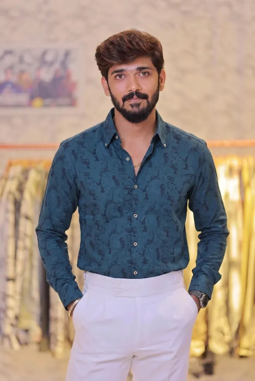 Teal-Green Self-Designed Party Wear Shirt