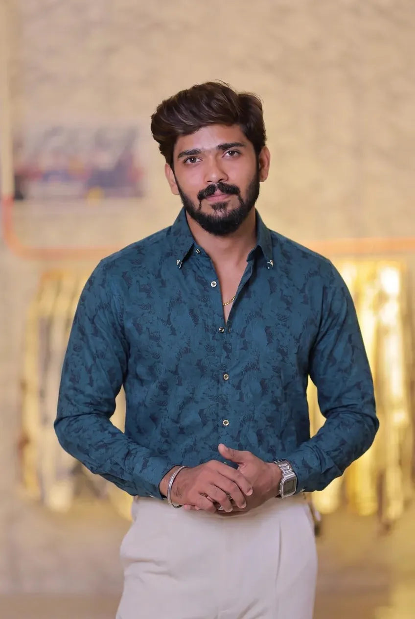 Teal-Green Self-Designed Party Wear Shirt