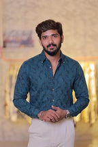 Teal-Green Self-Designed Party Wear Shirt