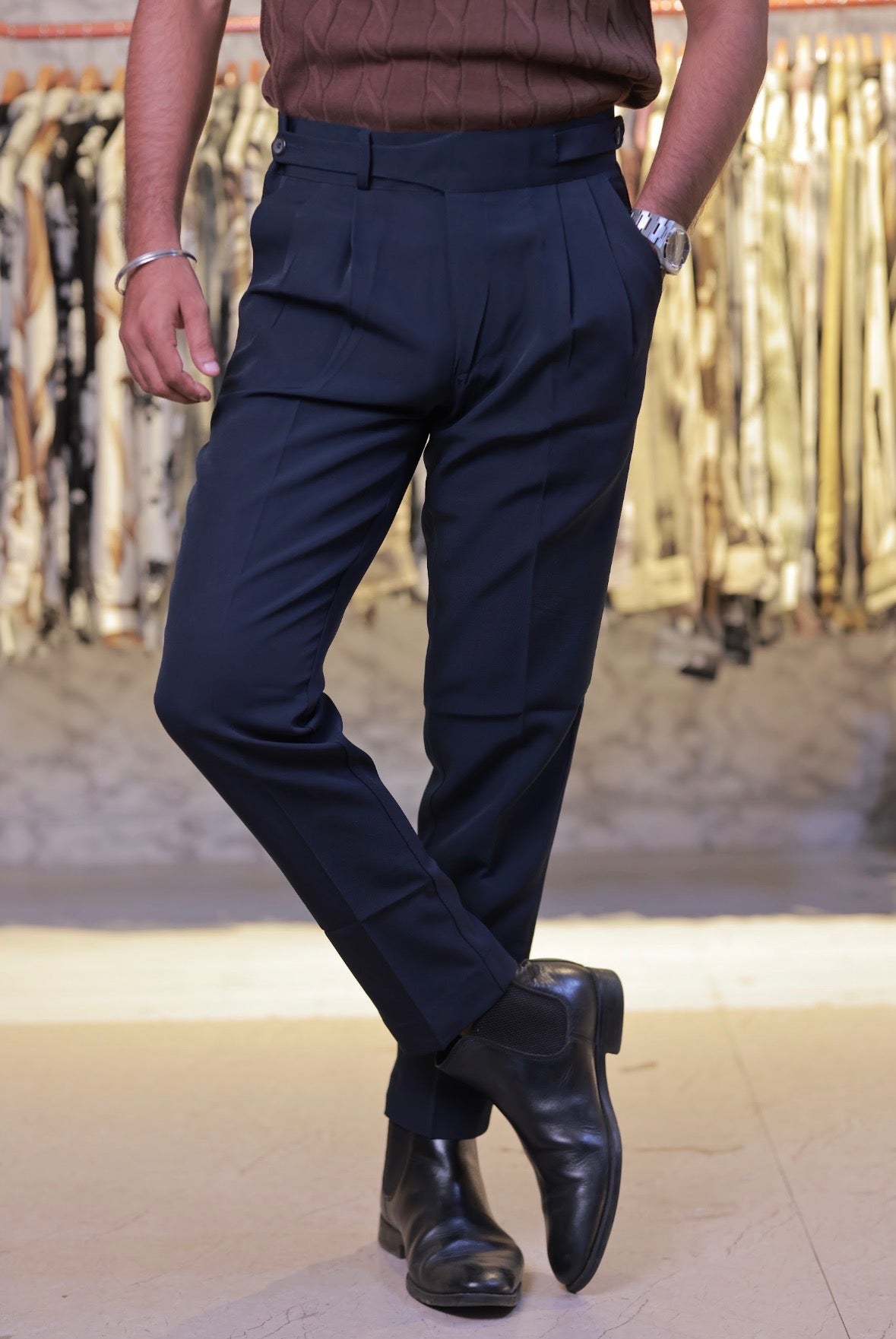 Navy-Blue Buttoned Gurkha Trousers