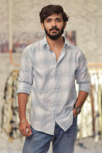 Blue Linen Checked Full-Hand Shirt