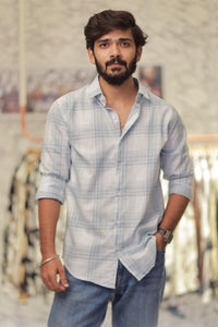 Blue Linen Checked Full-Hand Shirt