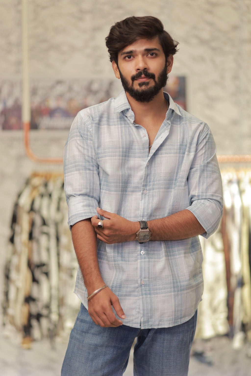 Blue Linen Checked Full-Hand Shirt
