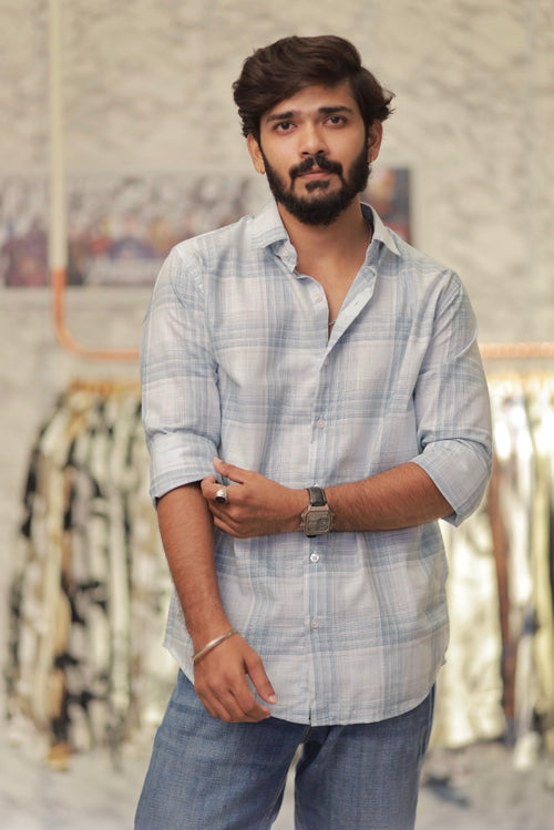 Blue Linen Checked Full-Hand Shirt