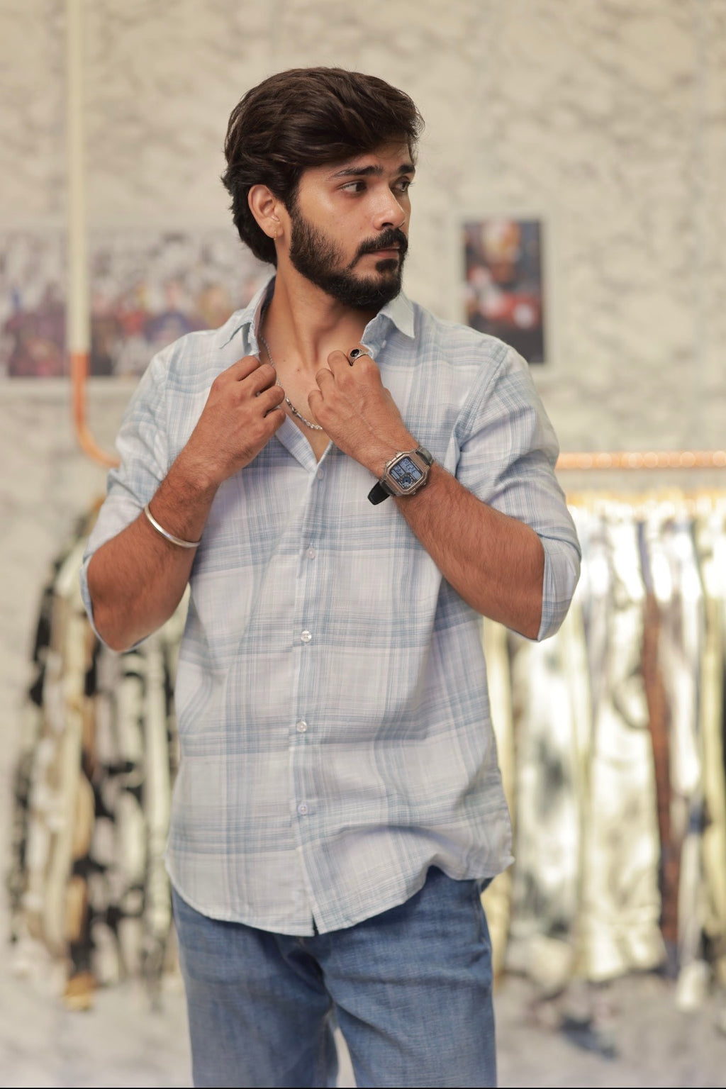 Blue Linen Checked Full-Hand Shirt