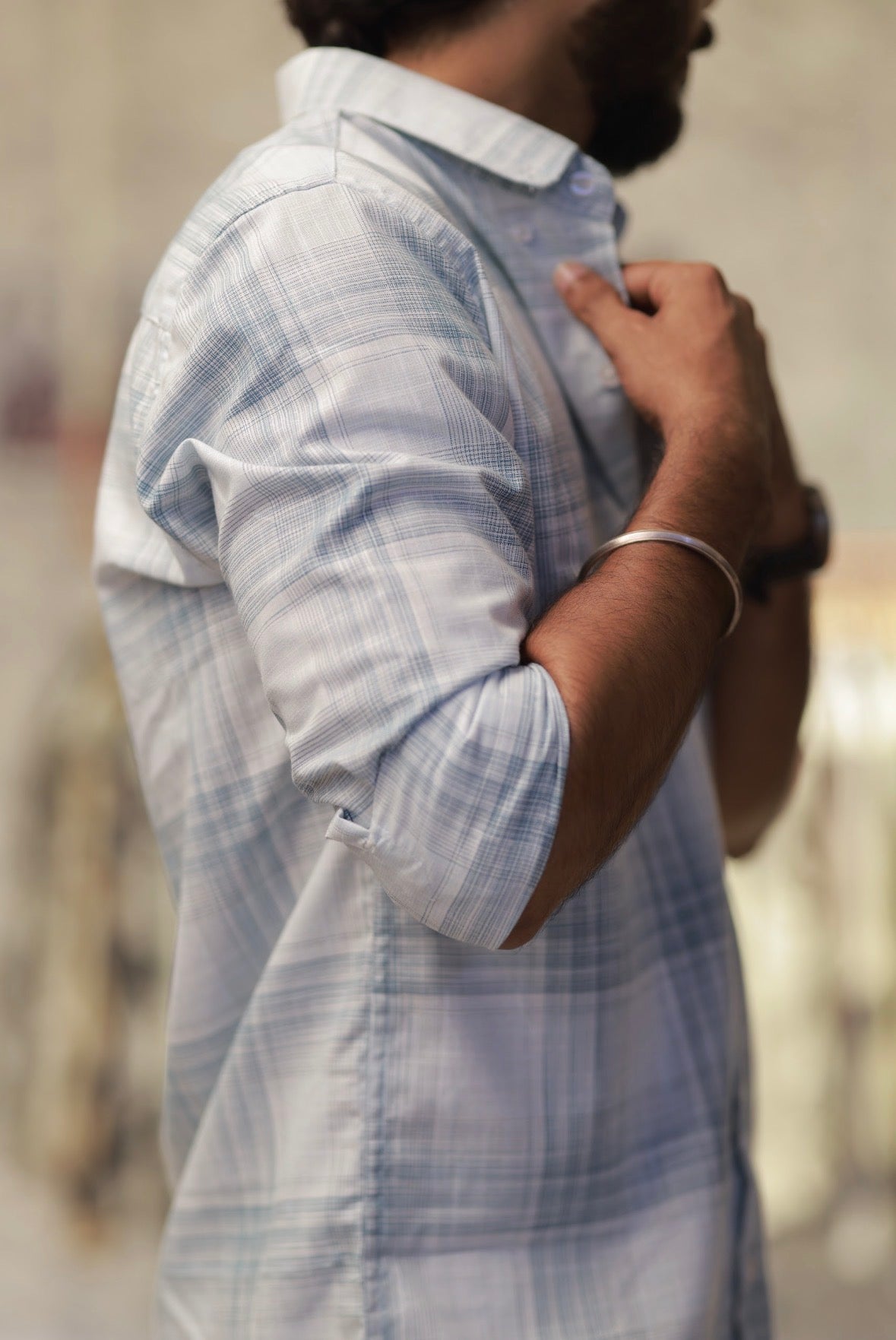 Blue Linen Checked Full-Hand Shirt