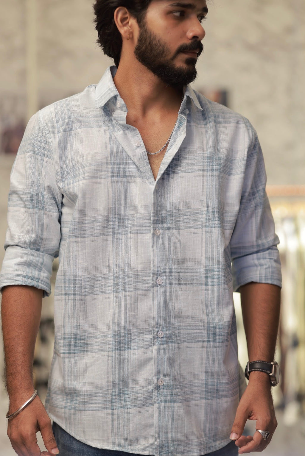 Blue Linen Checked Full-Hand Shirt