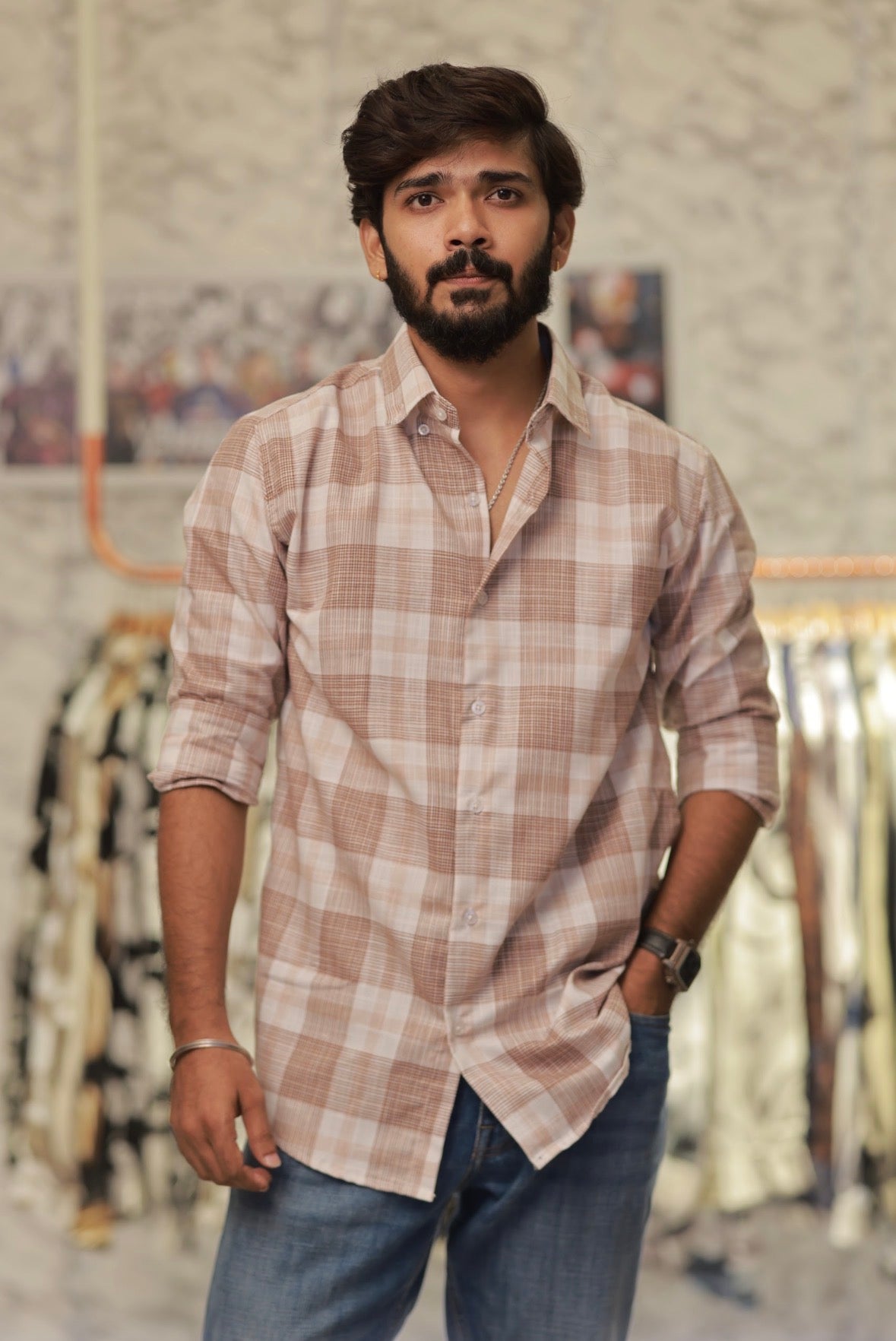Pink Linen Checked Full-Hand Shirt